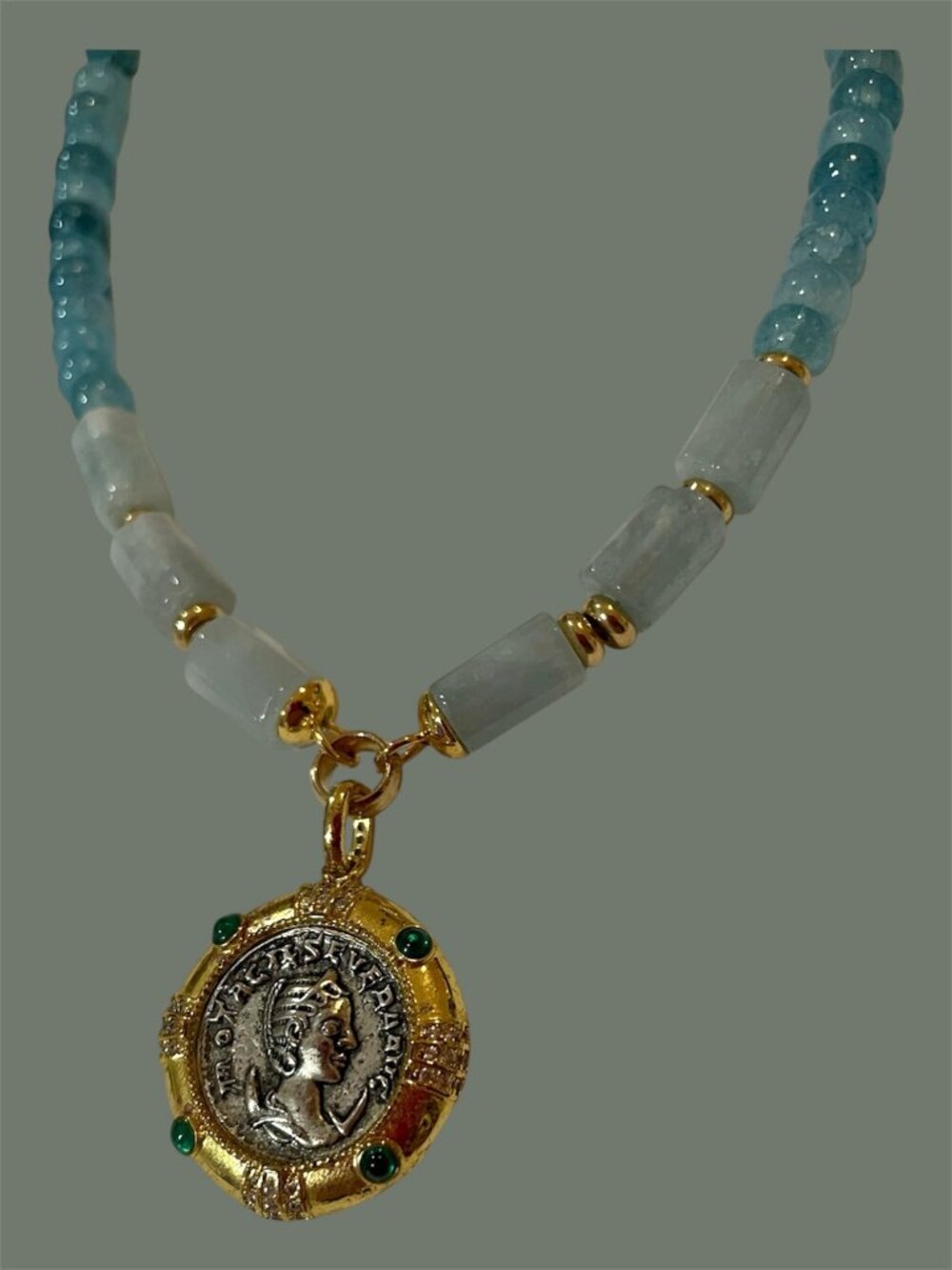 Genuine Aquamarine Gold/Silver Tone Coin Necklace